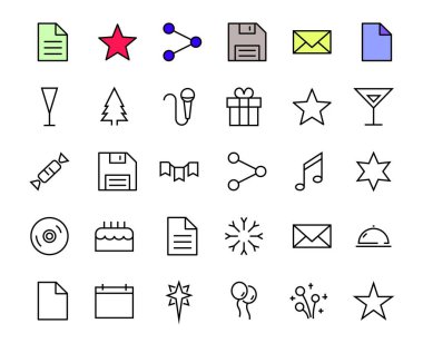  Vektör çizgisi ile ilgili basit kutlama simgeleri kümesi. Müzik, yeni yıl, yıldızlar, balolar, pasta, karaoke, DJ gibi ikonlar içerir. Düzenlenebilir felç. 480x480