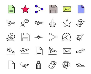  Basit bir havaalanı bağlantılı vektör çizgisi simgesi seti. Gidiş, kalkış, bekleme, biniş, bilet ve daha fazlası için bir yer bulmak gibi rozetler içeriyor. Düzenlenebilir felç. 48x48 piksel