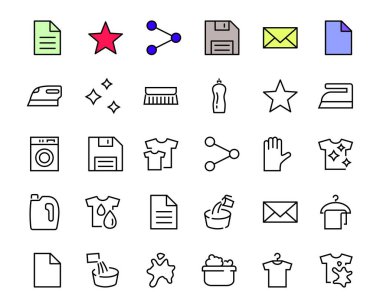  Basit çamaşır yıkama vektör çizgisi simgeleri seti. Çamaşır makinesi, toz, çamaşır, kirli tişört ve daha fazlası gibi ikonlar içerir. Beyaz arka planda, düzenlenebilir inme. 48x48 piksel mükemmel