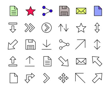 Satır okları, yönler, oklar, duraklama, devam, doğrudan sağa, düzenlenebilir vuruş gibi simgeler içerir. 480x480, Beyaz arkaplanda, Vektör illüstrasyonu