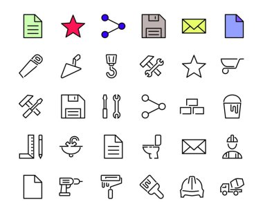 İnşaat ikonları, basit vektör çizgileri, şu ikonları içerir: inşaatçı, silindir, anahtarlı çekiç, tuvalet kabı ve daha fazlası. Düzenlenebilir felç. 48x48 piksel mükemmel, beyaz arkaplan