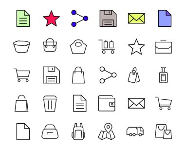 Basit çantalar, alışveriş ve seyahat ikonları. Vektör illüstrasyonu kart, cüzdan, alışveriş sepeti, indirim, kase, paket gibi simgeler içerir. Beyaz arkaplanda, düzenlenebilir vuruş