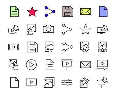 Resim kümesi vektör çizgisi simgeleri. Video, video oynatma, resim düzenleme, İş Eğitimi gibi simgeler içerir. Düzenlenebilir felç. Vektör illüstrasyonu