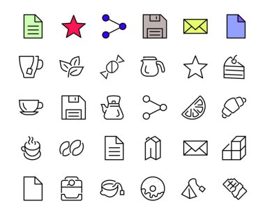 Kahve ve Çay Leni ICONS SET, çay, çay poşeti, kahve makinesi, kek, şeker, çaydanlık, bardak, süt, krema, limon, çikolata, LINEAR ICONS Düzenleyici vuruş ikonları içerir