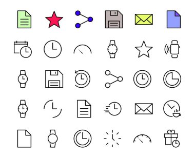 Basit zaman simgesi renk düzenlenebilir şablonu seti. Grafik ve web tasarımı için beyaz bir arkaplan üzerinde izole edilmiş zaman kontrolü, hız göstergesi takvimi ve diğer vektör işaretleri gibi simgeler içerir. 48x48 piksel