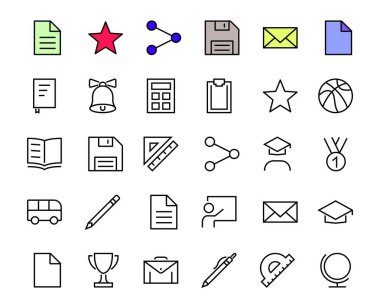 Basit bir okul eşyası seti. Öğrenci, ödül, coğrafya, beden eğitimi, geometri ve daha fazlası gibi ikonlar içerir. Beyaz arka planda. Düzenlenebilir felç. 480x480