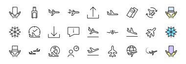  Basit bir havaalanı bağlantılı vektör çizgisi simgesi seti. Gidiş, kalkış, bekleme, biniş, bilet ve daha fazlası için bir yer bulmak gibi rozetler içeriyor. Düzenlenebilir felç. 48x48 piksel