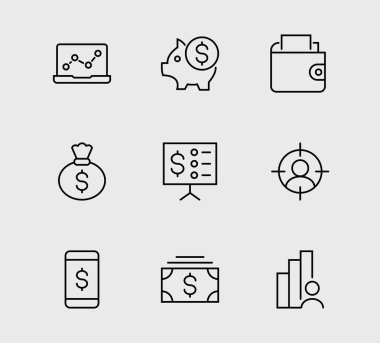 Nakit ve Ödeme Sistemlerinin Simgeleri. İnce Simgeler Vektör Nakit, Arkaplan Simgelerinde Ayrı Tutulan Dolarlar. Düzenlenebilir vuruş