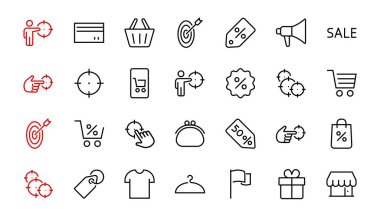 Kara Cuma Simge Seti tanıtım, indirimli alışveriş, alışveriş arabası ikonları içerir. Düzenlenebilir felç. Vektör Sembolleri, Doğrusal.