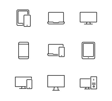 Elektronik aygıt ve iletişim araçları için simgeler kümesi Bilgisayar, Tablet, Telefon, TV, Monitor, Laptop için Simgeler içerir. Düzenlenebilir felç. İnce vektör simgeleri