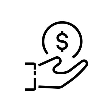 Eldeki madeni para vektör satırı simgesi düzenlenebilir vuruş. Bozuk para simgesiyle el izole edildi