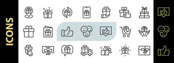 Gifts Linear Icons Set Содержит Подарочный Ящик Подарочные Покупки Подарочная — стоковый вектор