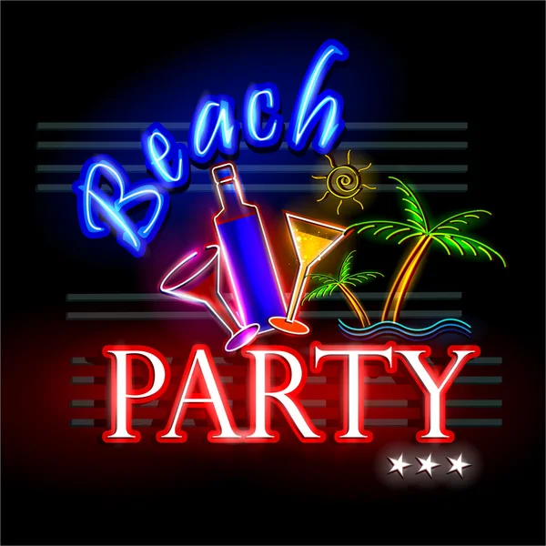 Neon fény jelzőtábla a Beach Party — Stock Vector