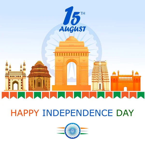 Illustrazione della bandiera indiana su sfondo Happy Independence Day of India — Vettoriale Stock