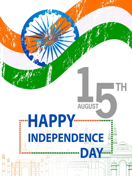 Ilustración de la bandera india en el feliz día de la independencia de la India fondo — Vector de stock