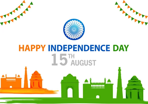 Ilustracja indyjskiej flagi na tle Szczęśliwego Dnia Niepodległości Indii — Wektor stockowy