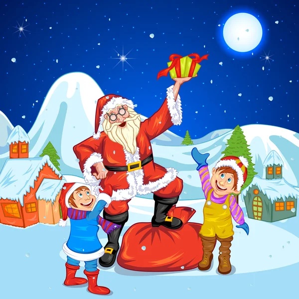 Santa con regalo en Navidad cerca — Vector de stock