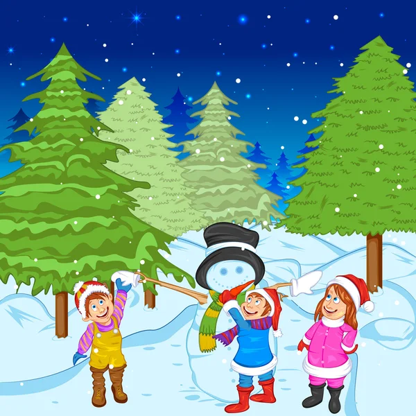 Niños haciendo muñeco de nieve durante la santa Navidad — Vector de stock