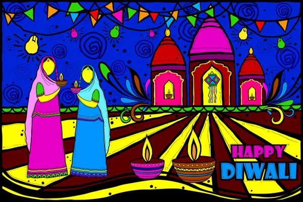 Indische Frauen mit Diwali Diya — Stockvektor