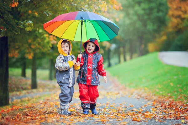 Dvě úžasné děti, chlapec bratři, hraje v parku s umbrel — Stock fotografie