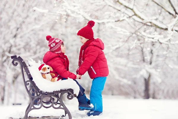 Two adorable children, boy brothers, playing in a snowy park, ho — Stock Photo, Image
