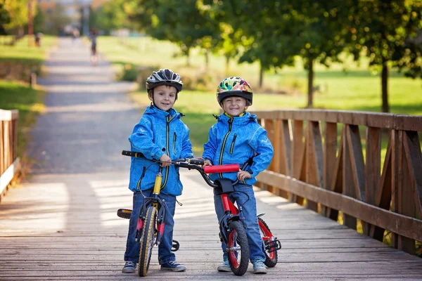 Två söta pojkar, syskon barn, att ha kul på cyklar i par — Stockfoto