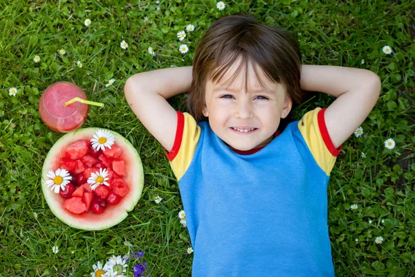 Porträt eines süßen kleinen Jungen, auf dem Gras liegend, frisches Obst ein — Stockfoto