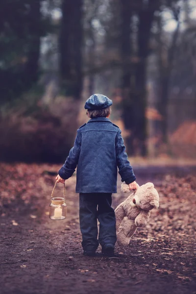 Petit enfant mignon, tenant lanterne et ours en peluche en forêt — Photo