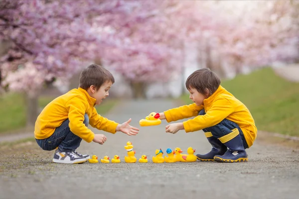 Duas crianças adoráveis, irmãos meninos, brincando no parque com borracha — Fotografia de Stock