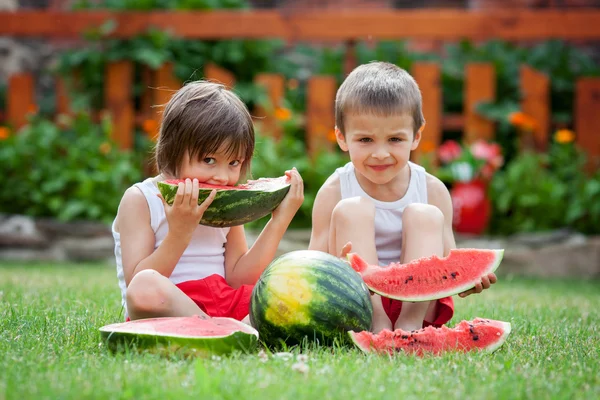 Два хлопці, їдять кавун в саду, літній час — стокове фото
