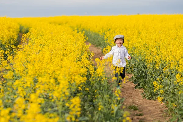Очаровательный маленький мальчик, бегает по желтому масличному полю рапса — стоковое фото