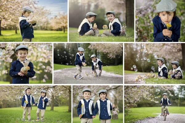 Collage of two cute children, boy brothers, doing different thin — Stock Photo, Image