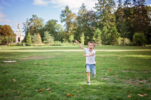 Küçük çocuk, parkta çimenlikte mutlu bir şekilde koşuyor. — Stok fotoğraf