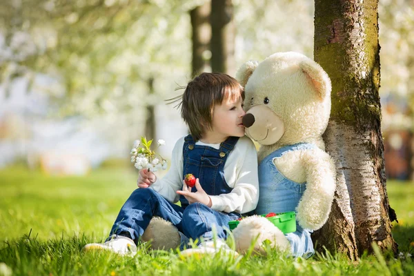 Cute little boy, eating strawberry in the park on a spring sunny — Stock Photo, Image