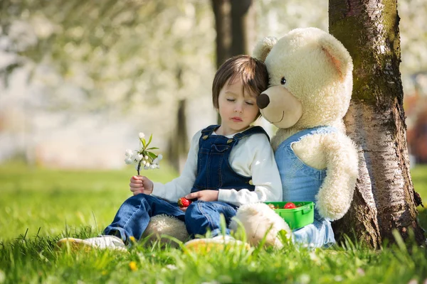 Aranyos kisfiú, étkezési eper a parkban a napsütéses tavasz — Stock Fotó