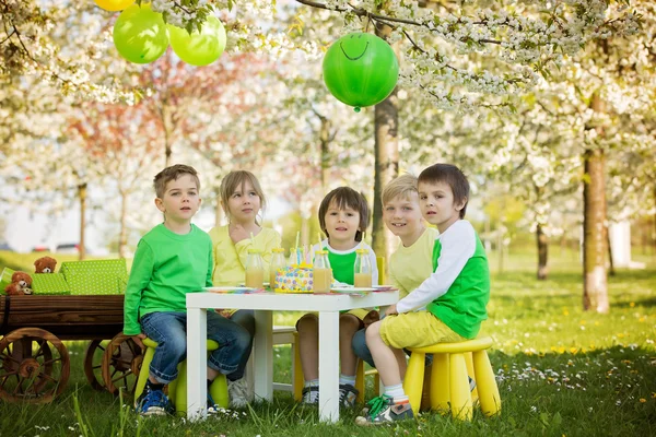 Fröhliche süße Vorschulkinder, die ihren fünften Geburtstag feiern — Stockfoto
