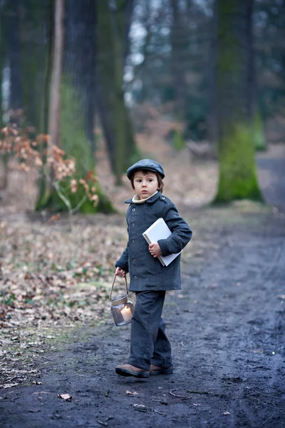 Carino bambino, tenendo lanterna e libro nella foresta — Foto Stock