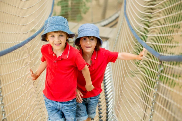 Söta barnet, pojke, klättring i en rep lekplats struktur — Stockfoto