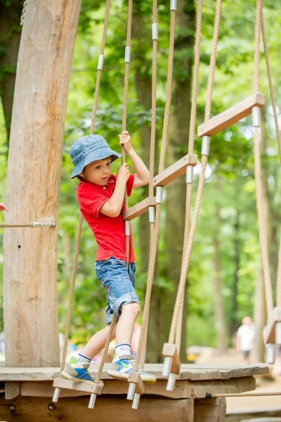 Niedliches Kind, Junge, Klettern in einem Seilspielplatz Struktur — Stockfoto