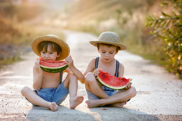 Dva roztomilý malí kluci, jíst meloun na cestě malé vesničky — Stock fotografie