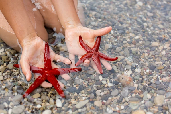 Jeune enfant, tenant des étoiles de mer rouges dans ses mains sur la plage — Photo