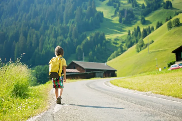 Carino bambino piccolo con zaini viaggiare sulla strada per panoramico mo — Foto Stock