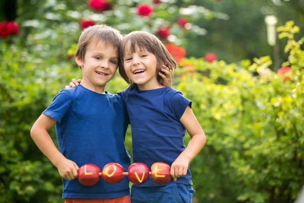 Cute little children, boy brothers, holding a love sign, made fr — Stock Photo, Image