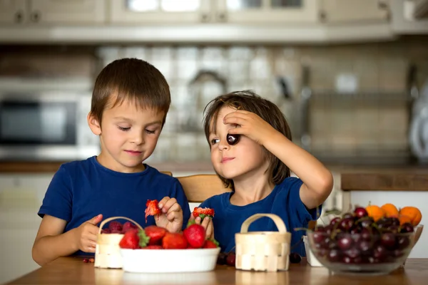 Two sweet children, boy brothers, eating fresh fruits at home — Stock Photo, Image