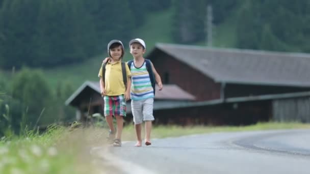 Two little children, boy brothers with backpacks travel on the road to scenic mountains, summertime — Stock Video