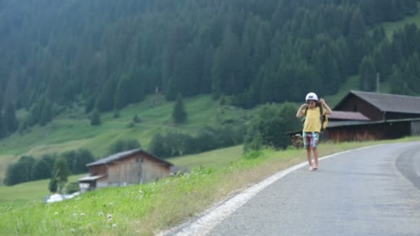 Schattig kindje met rugzakken reizen op de weg naar de schilderachtige bergen, zomer — Stockvideo