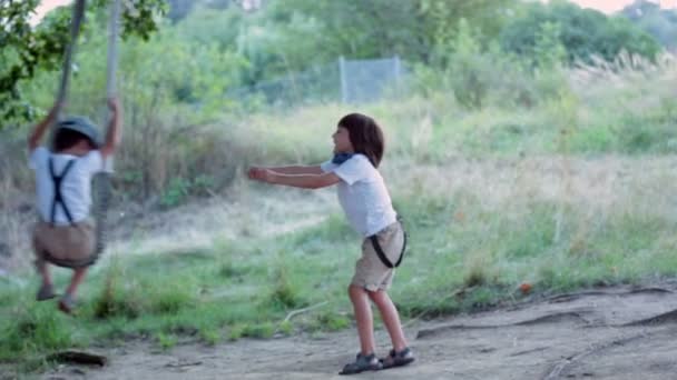 Two children, boy brothers, having fun on a swing in the backyard on sunset — Stock Video