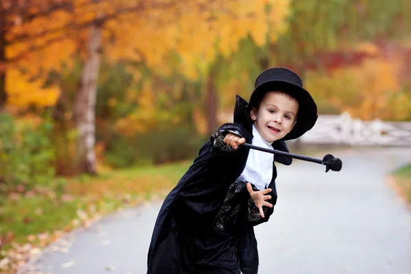 Niedlicher Junge im Park, im Zaubererkostüm zu Halloween — Stockfoto