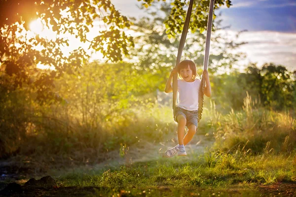 Lindo niño, chico, divertirse en un columpio en el patio trasero —  Fotos de Stock