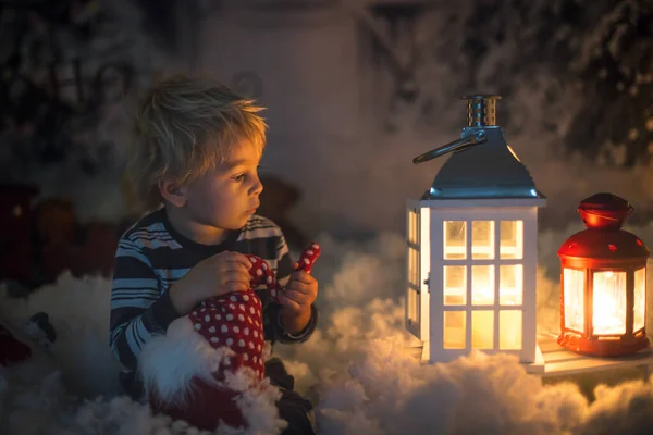 Little Boy Looking Flame Match Sitting Snow Outdoors — Stock Photo, Image